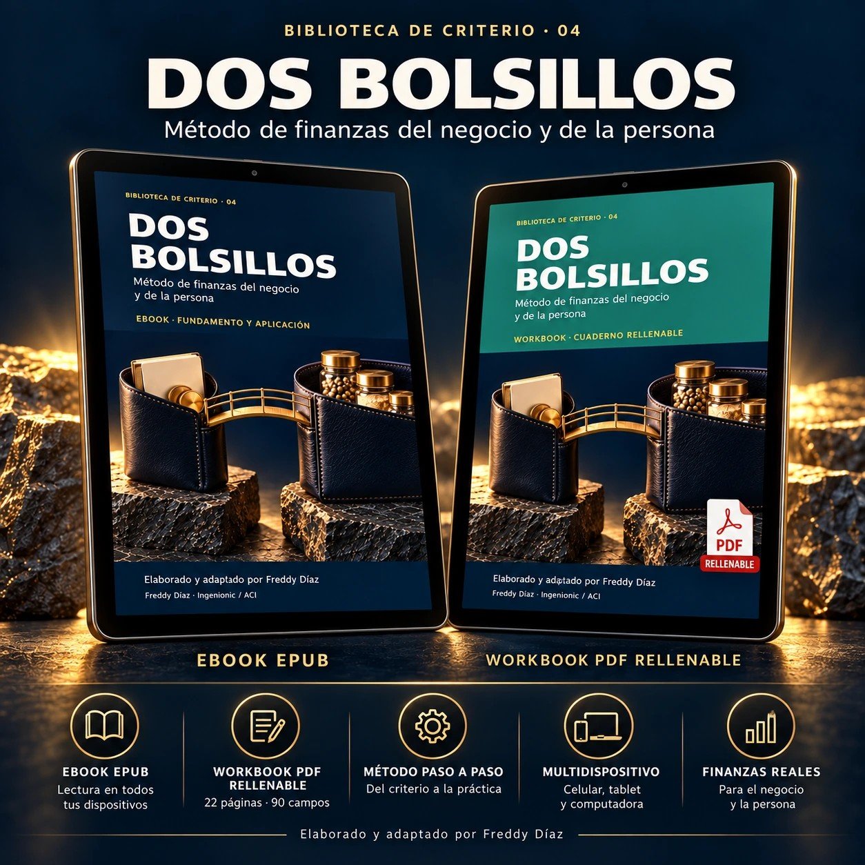 Dos Bolsillos, método de finanzas del negocio y de la persona: libro digital ePub y cuaderno PDF rellenable mostrados en dos tabletas