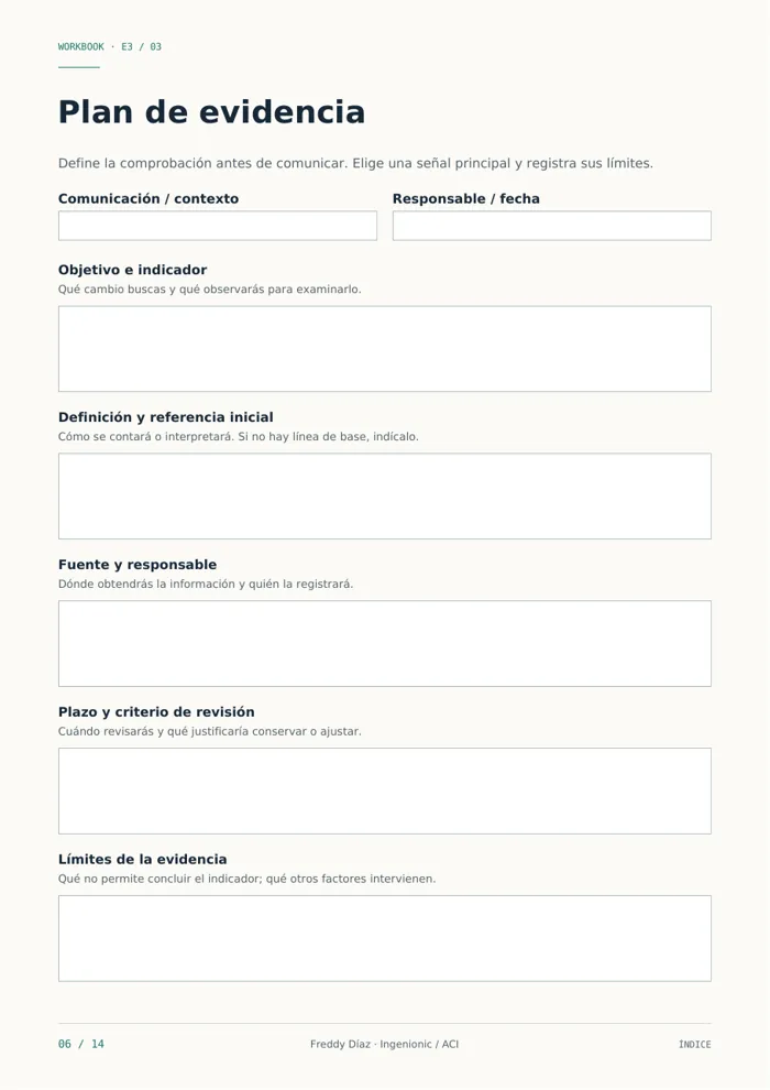 Hoja Plan de evidencia del workbook E³