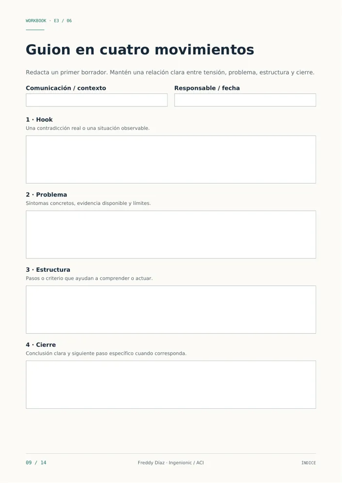 Hoja Guion en cuatro movimientos del workbook E³