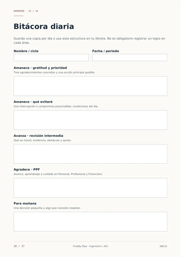 Hoja Bitácora diaria del workbook X³